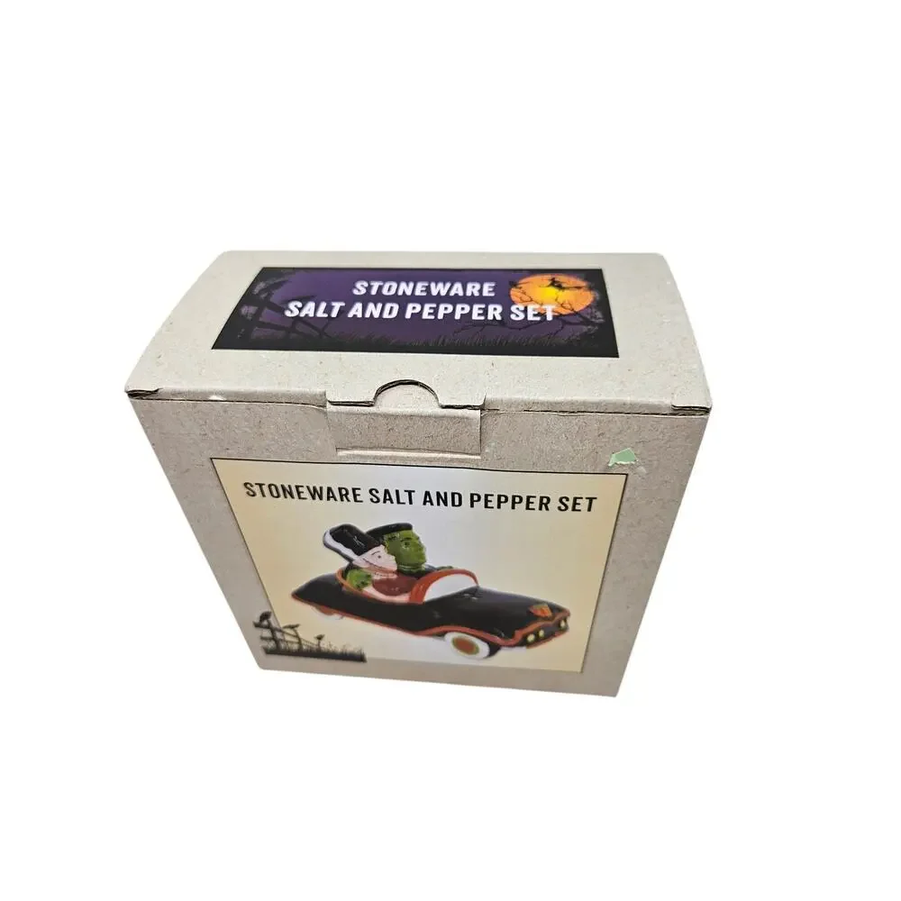 NEW Cracker Barrel Salt Pepper Halloween Frankenstein Bride Car Stoneware